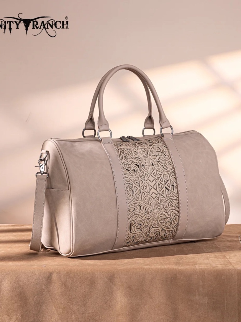 Trinity Ranch Floral Aztec Tooled Collection Weekender Bag Tan - Picture 3 of 8